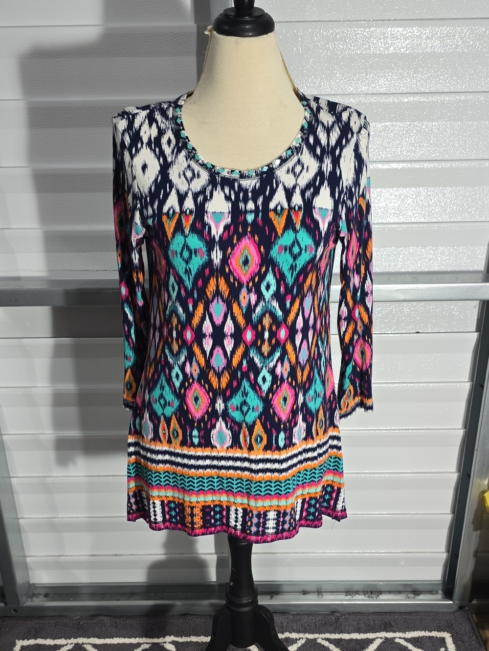 Ruby Rd. Ikat Scoop Neck Tunic in Navy, Teal, Pink and Orange Size Small